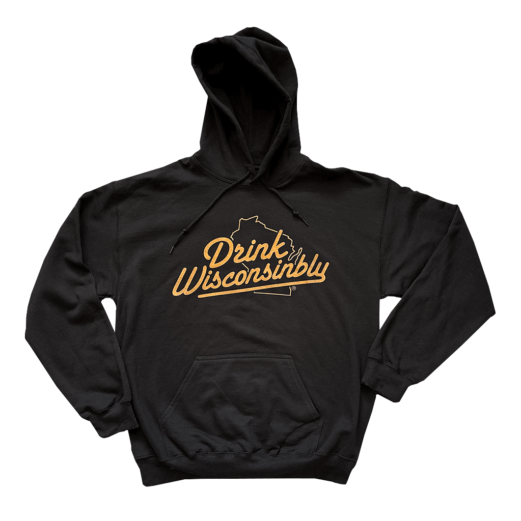 Drink Wisconsinbly Black Hoodie with Orange Logo