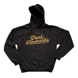 Drink Wisconsinbly Black Hoodie with Orange Logo