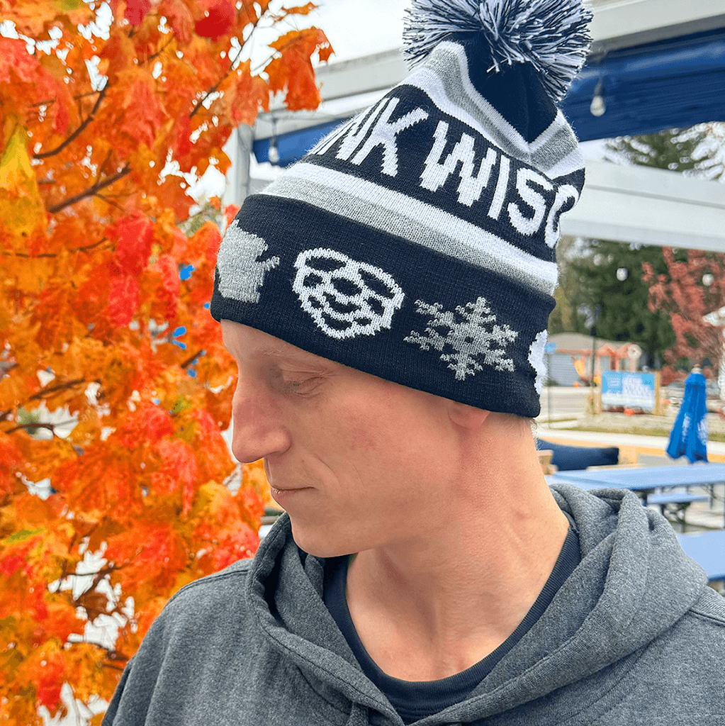 Drink Wisconsinbly Black & White Winter Pom Hats