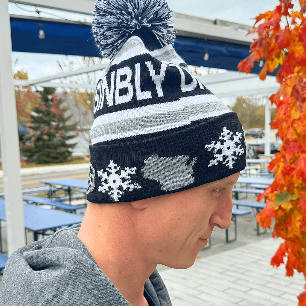 Drink Wisconsinbly Black & White & Grey Winter Pom Hat