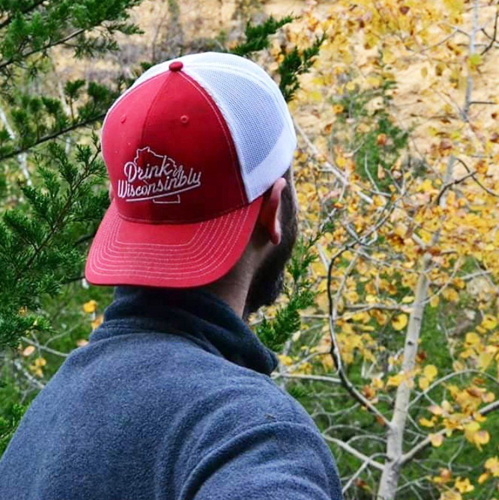 Red and white trucker cap on sale